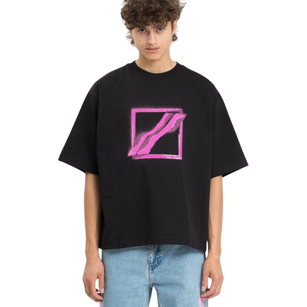 WE11DONE Shirt Mens Small Black Pink Sequins Logo‎ Graphic T-Shirt Boxy Cotton